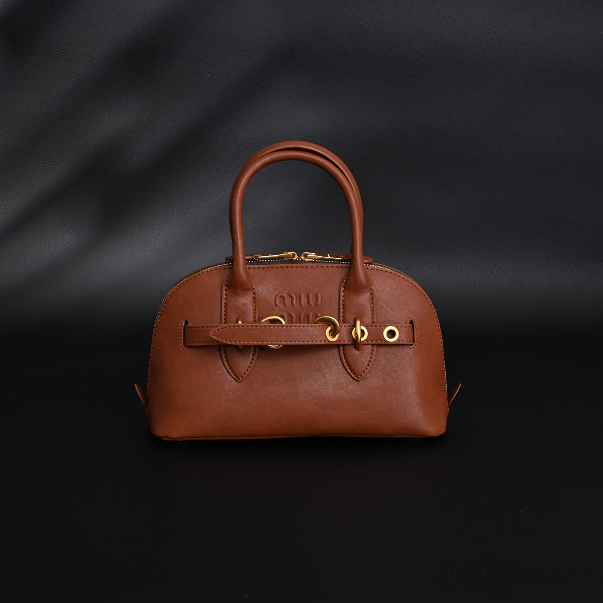 Miu Miu Leather Bowler Top Handle Bag Cognac
